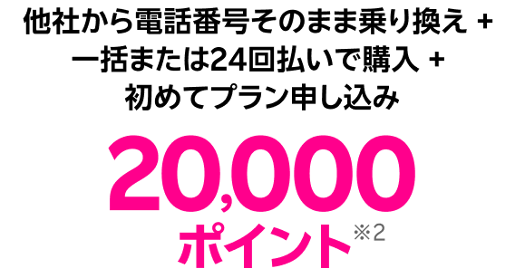 他社から電話番号そのまま乗り換え + 一括または24回払いで購入 + 初めてプラン申し込み 20,000ポイント※2