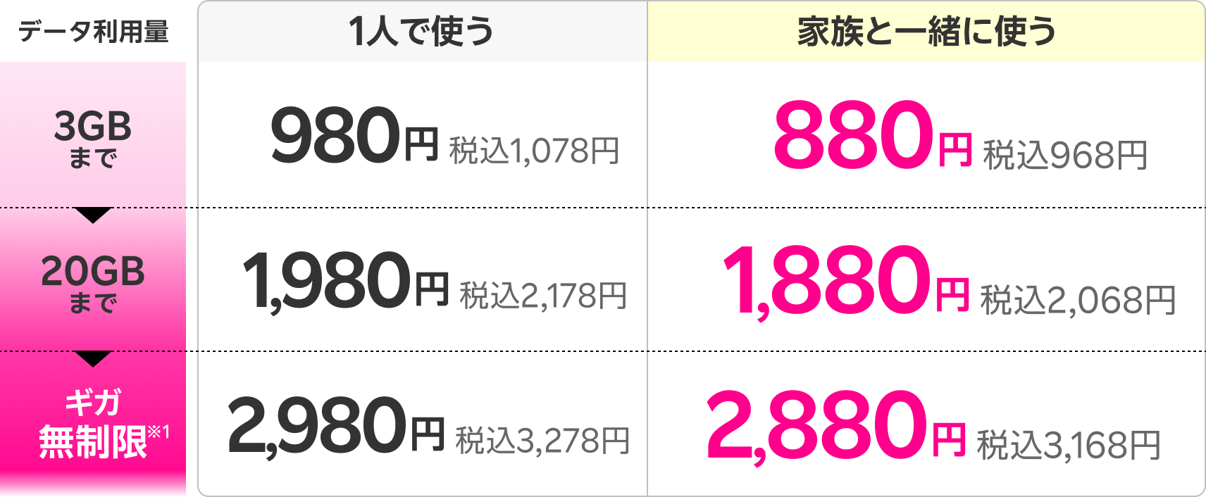 家族割引適用で、データ3GBまで880円(税込968円)、3GB超過後20GBまで1,880円(税込2,068円)、20GB超過後ギガ無制限で2,880円(税込3,168円)